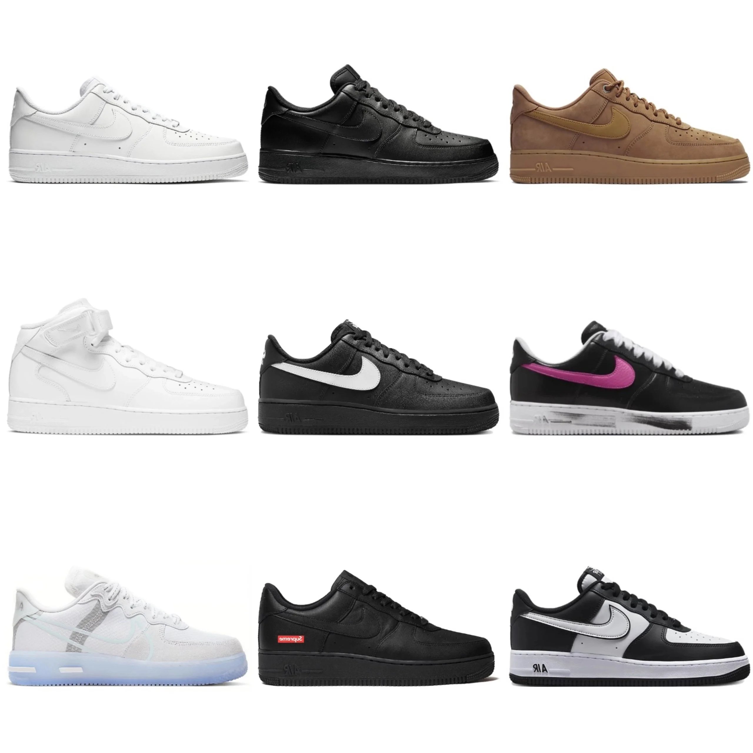  NIKE Air Force 1 (9+ Colorways), schoon gefotografeerd.