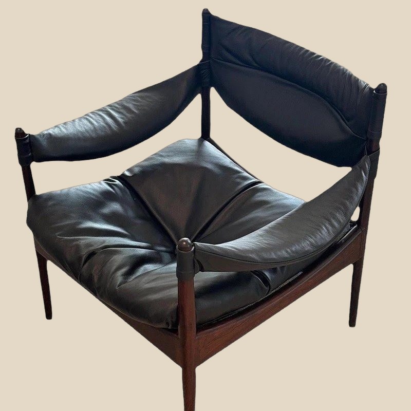 Dark Wood Leather Lounge Chair — QC